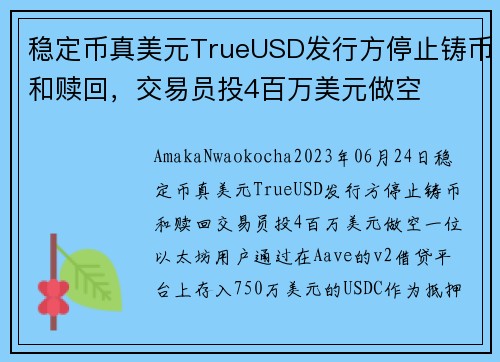 稳定币真美元TrueUSD发行方停止铸币和赎回，交易员投4百万美元做空 